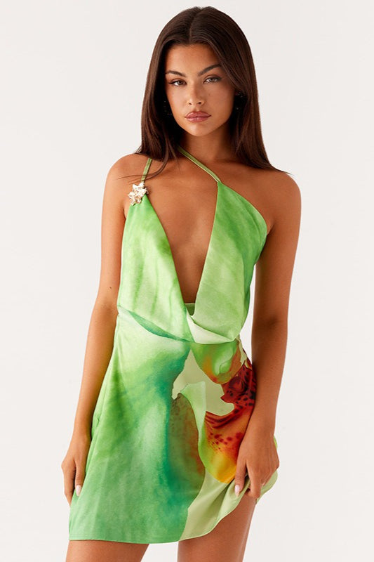 Sexy Printed Cowl Neck One Shoulder Mini Dress