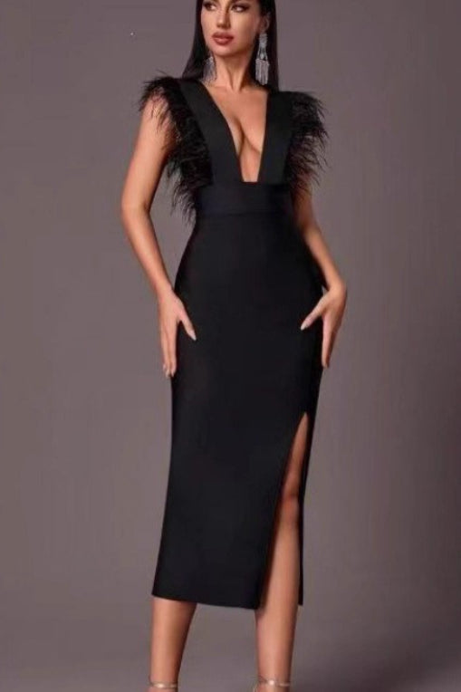 Feather Bandage V Neck Bodycon Formal Dress