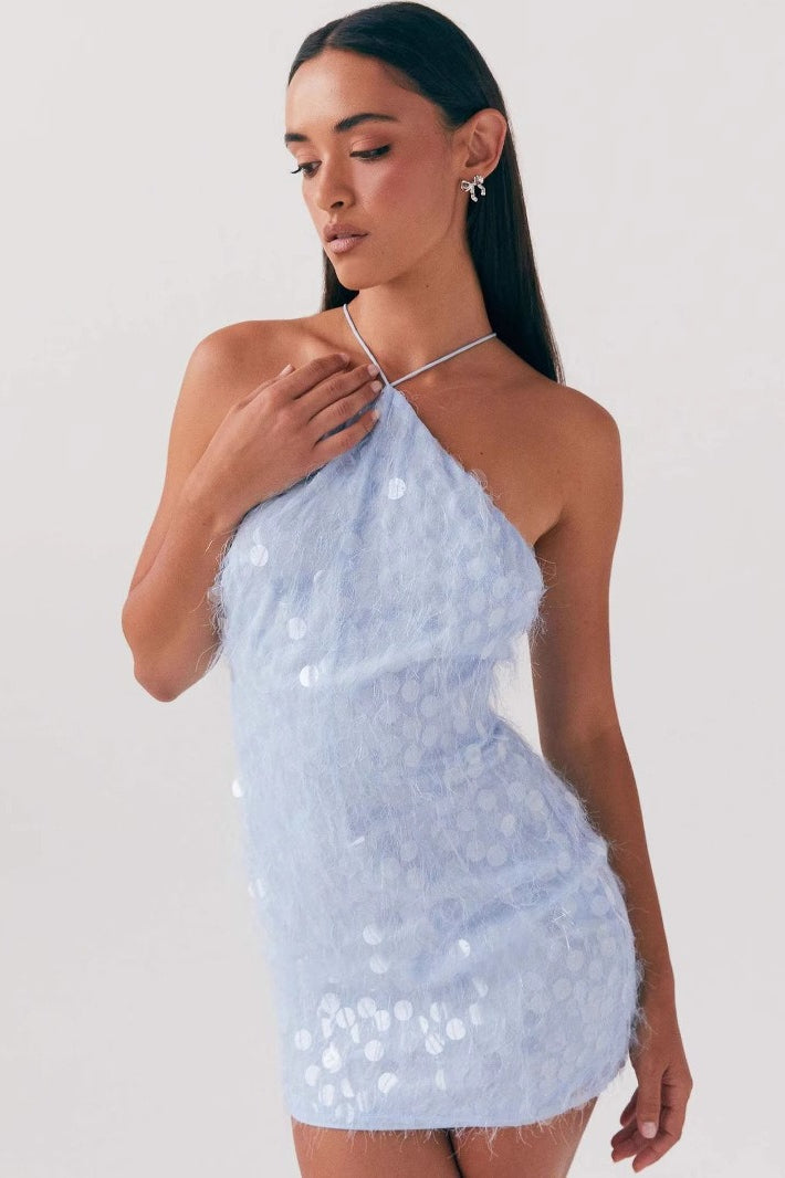 Halter Sequin Backless Cross Tie Graduation Party Dress