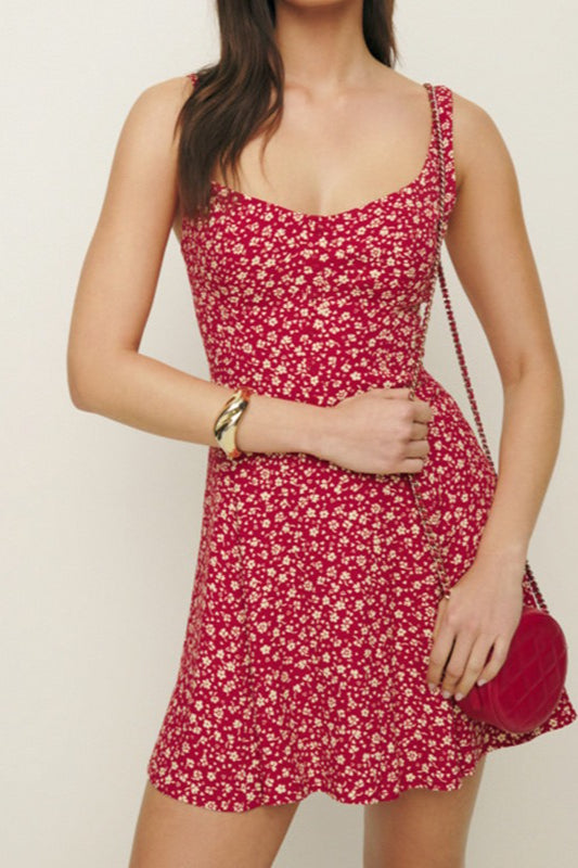 Square Neck Backless ALine Mini Floral Dress