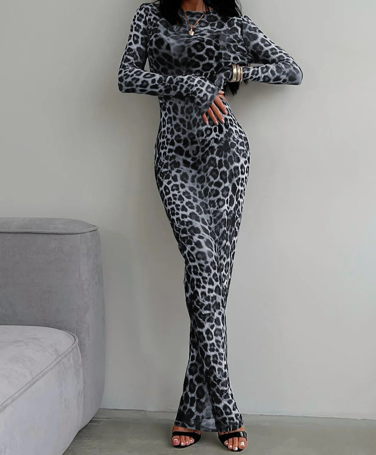 Leopard Print Sleeve Maxi Dress