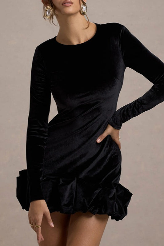 Luxe Velvet Crew Neck Pleated Long Sleeve Mini Dress
