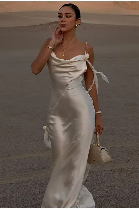 Elegant White Satin Backless Maxi Dress