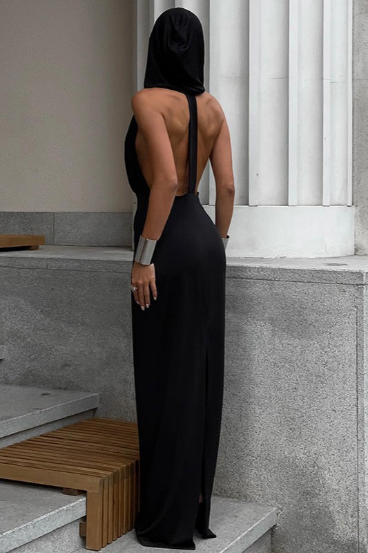 Sexy V Neck Backless Hooded Bodycon Dress