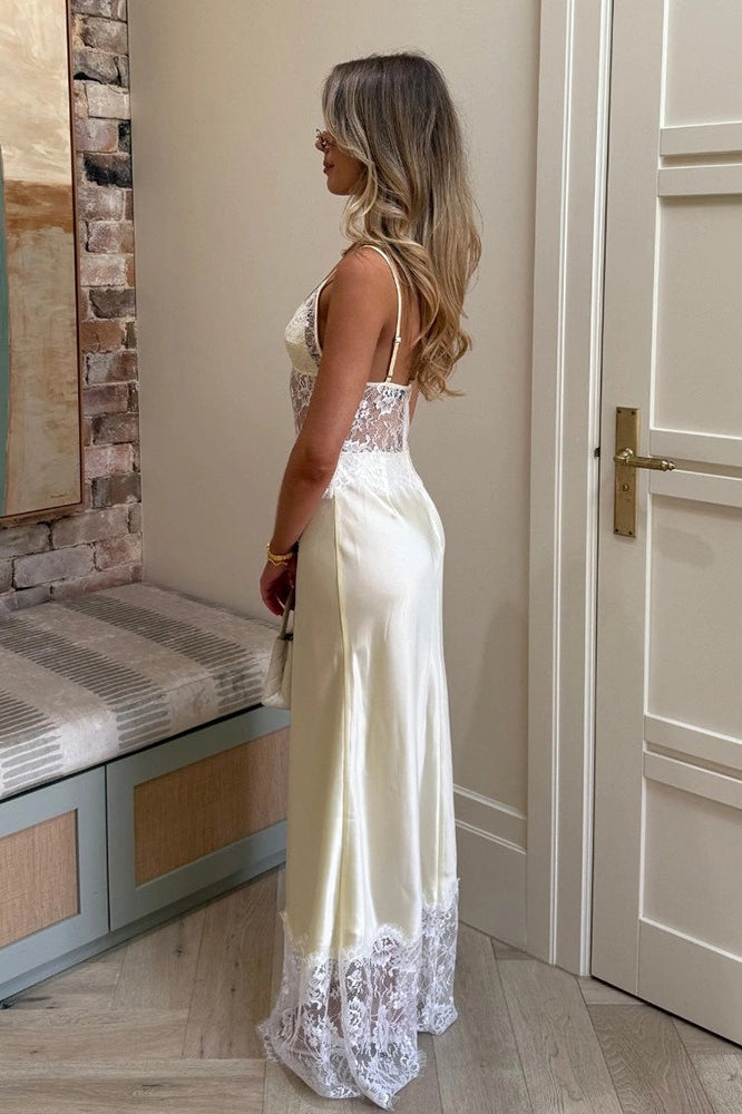 Elegant Sexy Deep V Sheer Lace Patchwork Maxi Dress