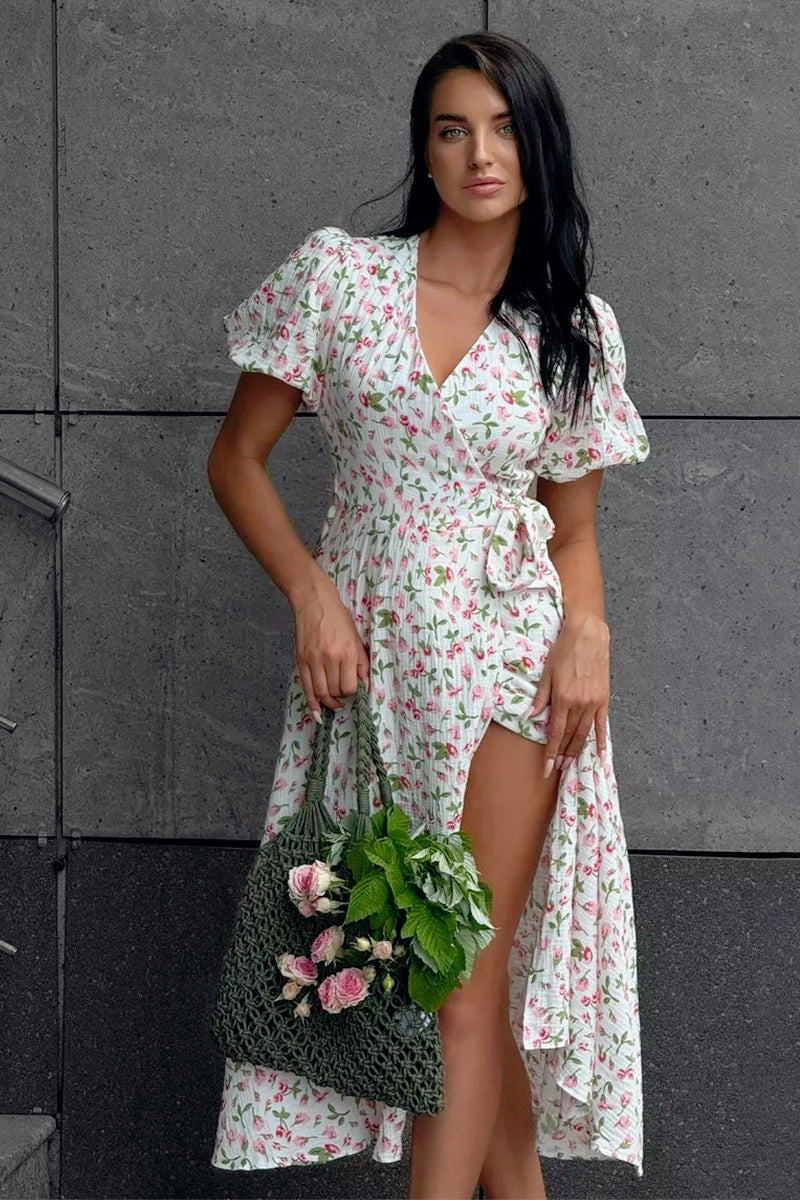 Puff Sleeve Floral Midi Wrap Dress