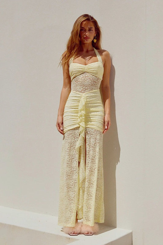 Sheer Lace Ruched Halter Wrap Dress