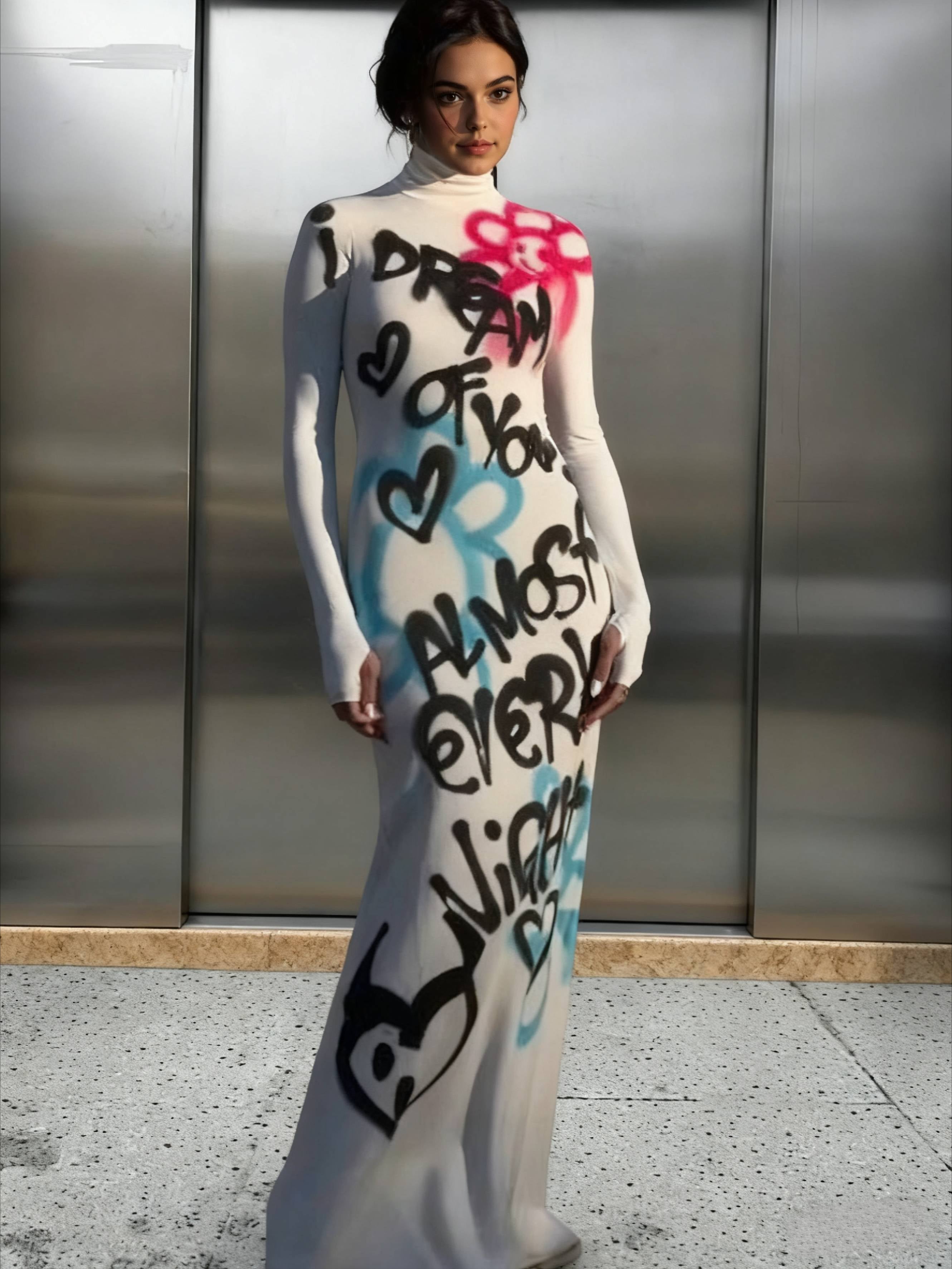 Sexy High Neck Graffiti Color Block Bodycon Maxi Dress