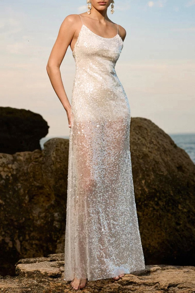 Solid Patchwork Sheer Backless Cami Sequin Maxi Dress