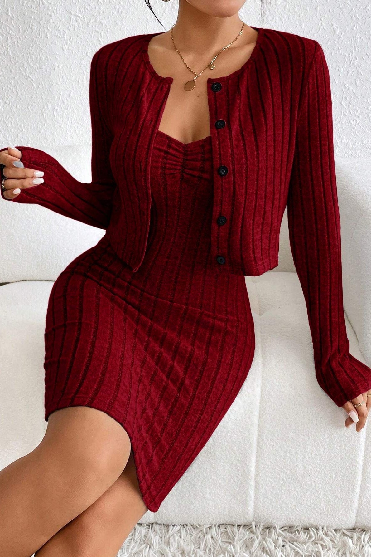 Elegant Solid Slim Crop Cardigan Dress Two Piece Set
