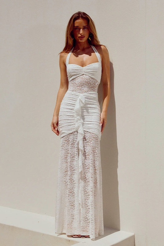 Sheer Lace Ruched Halter Wrap Dress