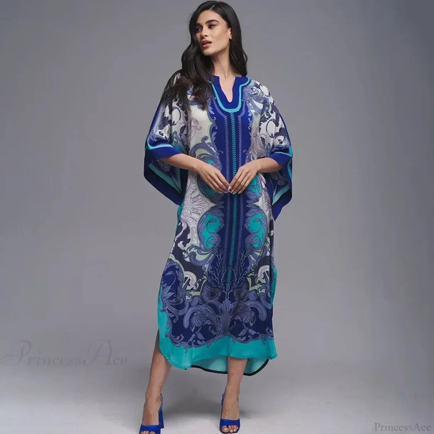 Boho Floral Print Beach Cover Up Blue / One Size