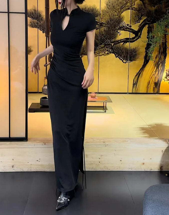 V Neck Button Slit Maxi Dress