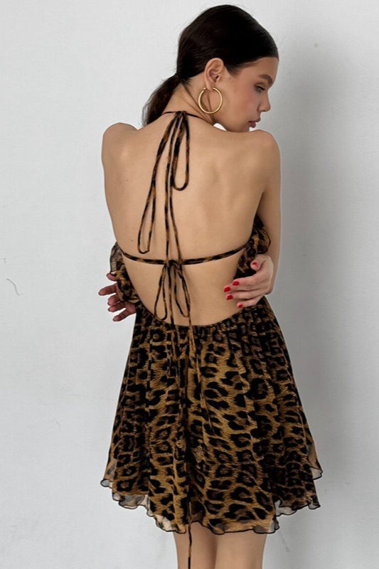 Leopard Print Deep V Halter Tie Slip Dress