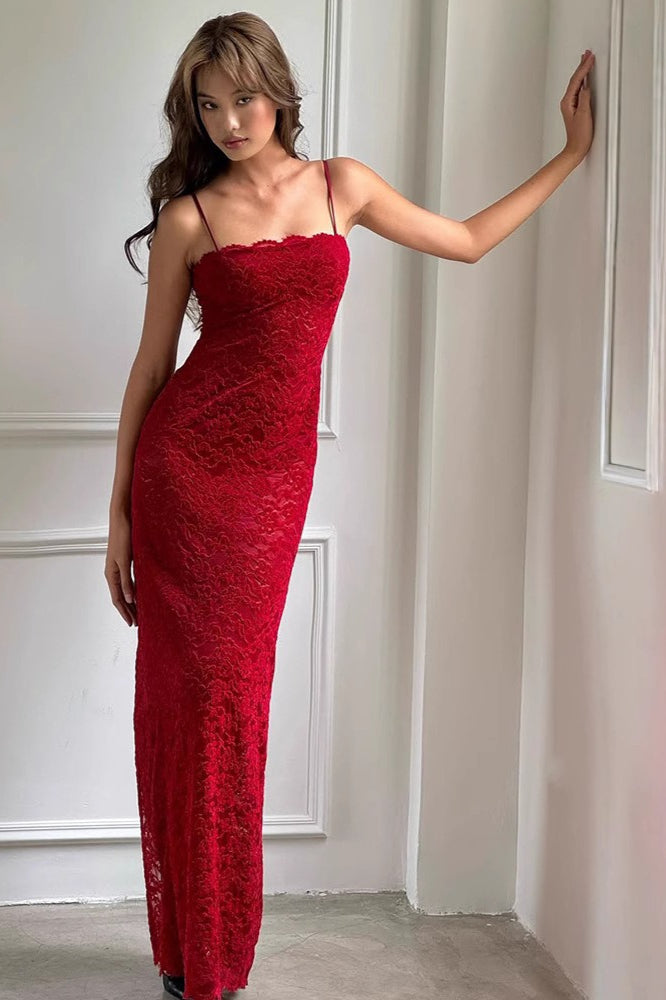 Elegant Red Lace Bodycon Slip Dress