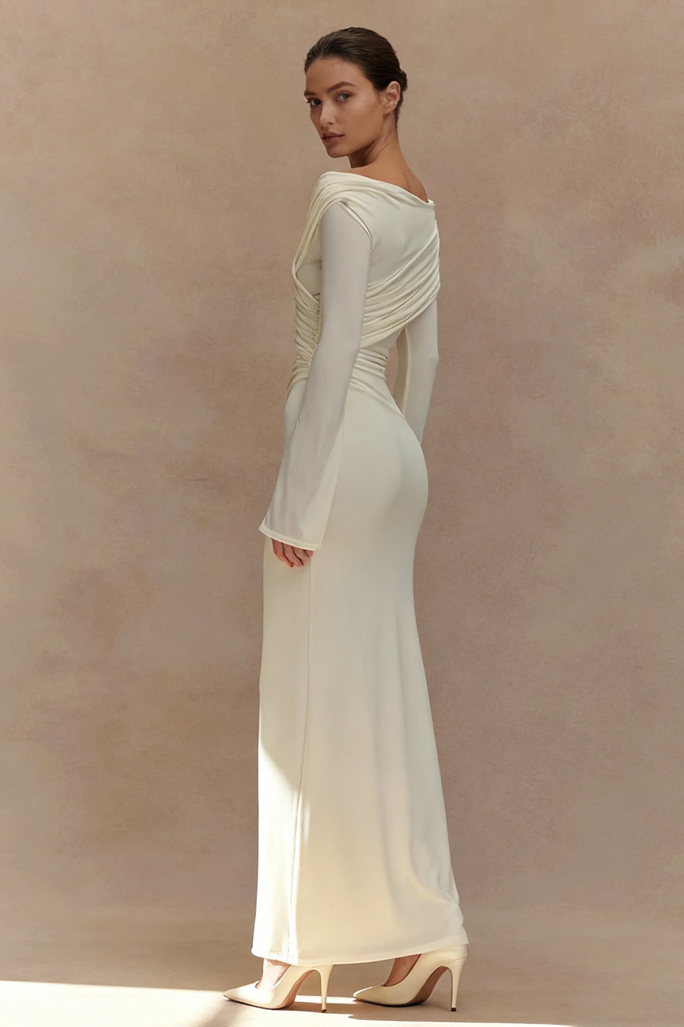 V Neck Long Sleeve Ruched High Waist Maxi Dress