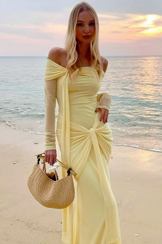 Sheer Off Shoulder Tie Waist Wrap Dress