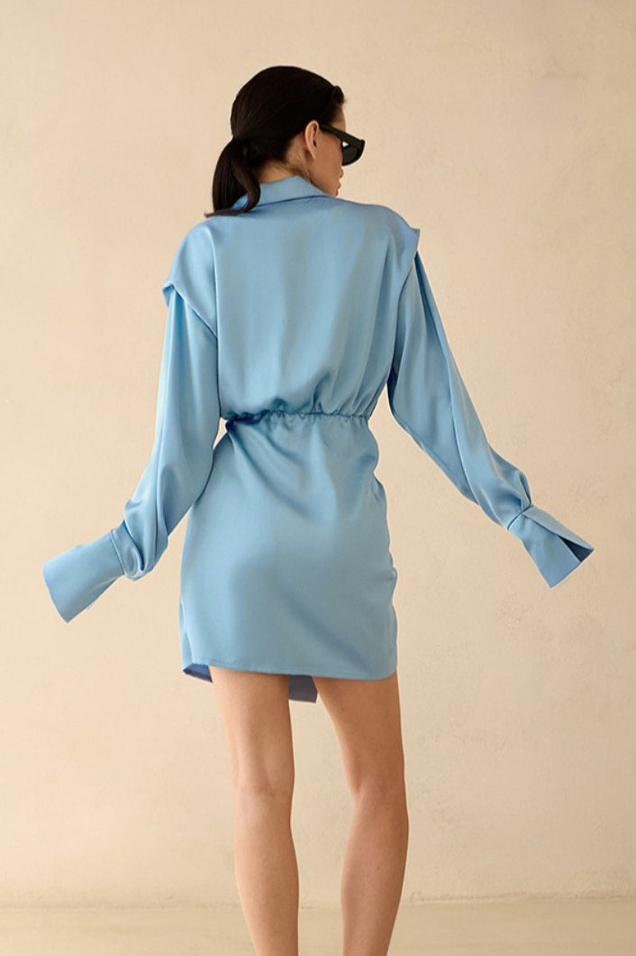 Solid Wrap Front Long Sleeve Slim Waist Mini Dress
