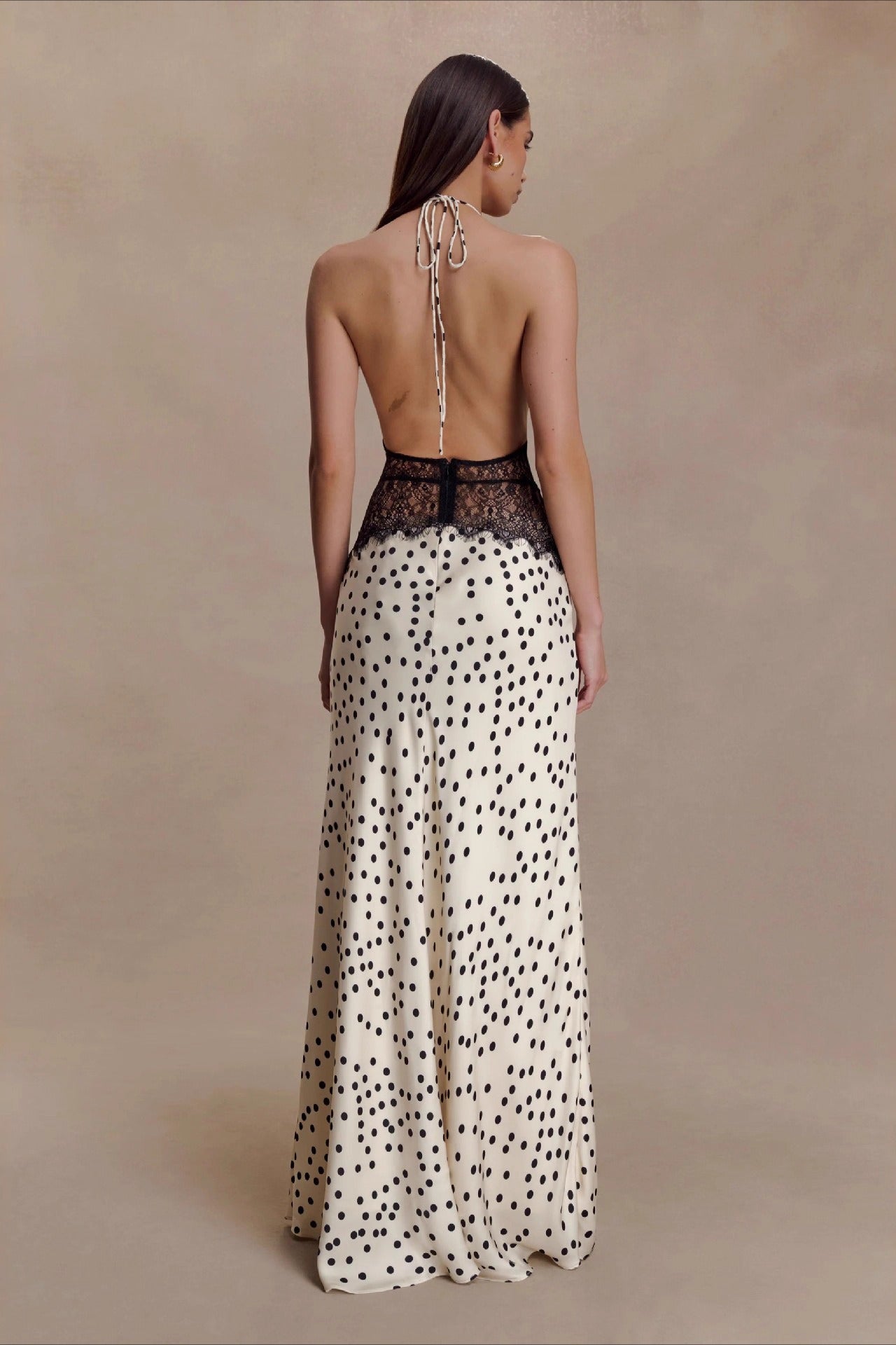 Polka Dot Lace Patchwork Deep V Backless Ruched Elegant Maxi Dress
