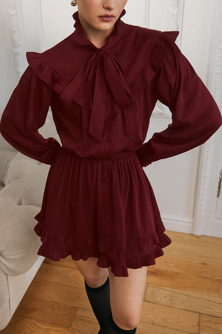 Elegant Bow Tie Lace Up Long Sleeve A Line Mini Dress