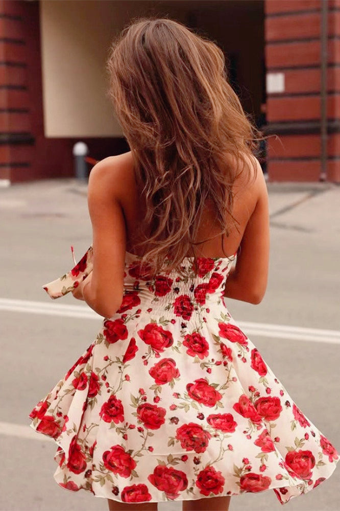 Halter Backless Rose Print ALine Floral Dress