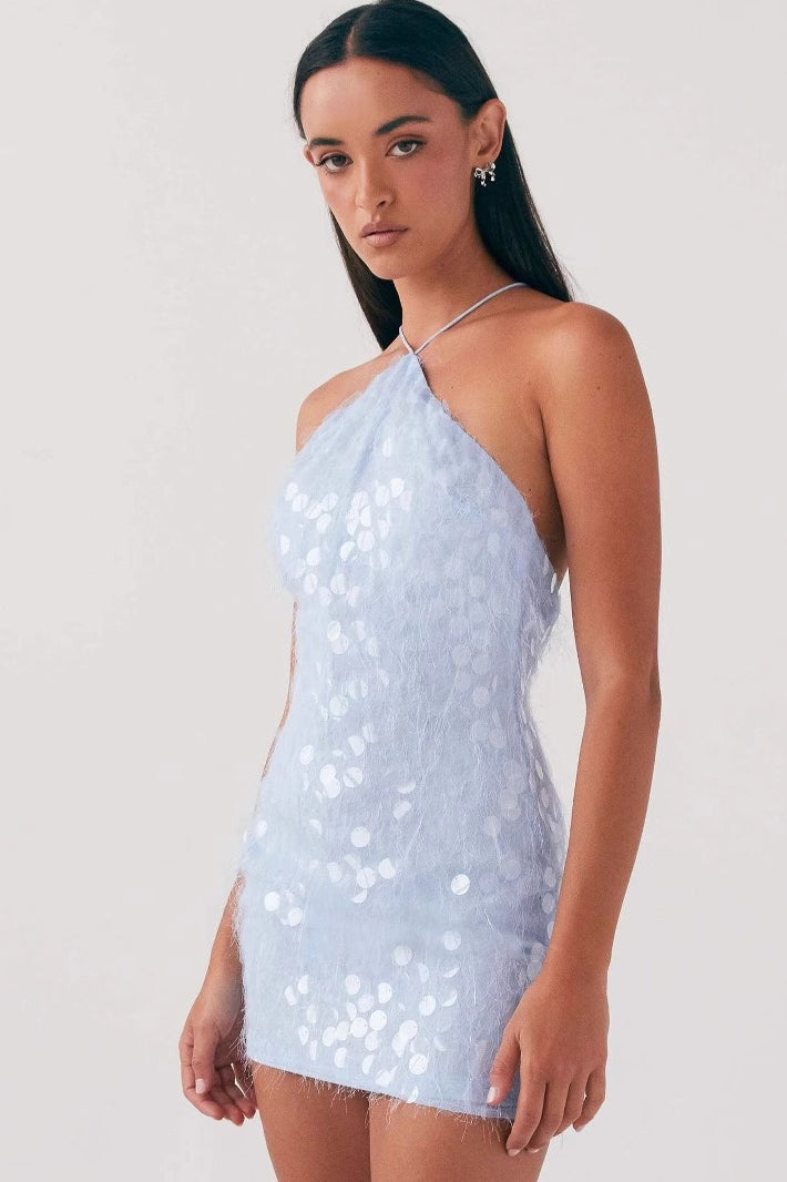 Halter Sequin Backless Cross Tie Graduation Party Dress