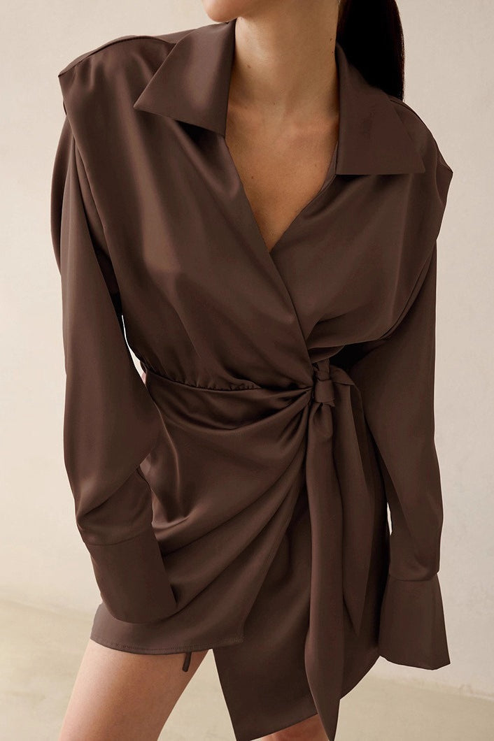 Solid Wrap Front Long Sleeve Slim Waist Mini Dress