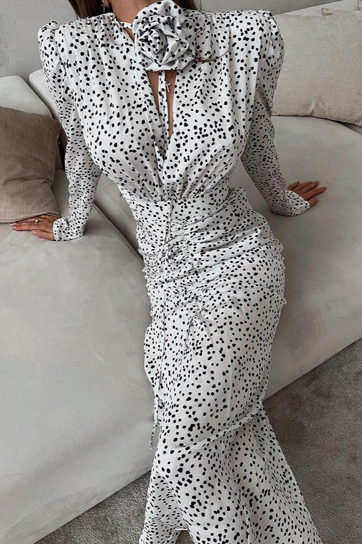 Polka Dot Floral VNeck Puff Sleeve Maxi Dress