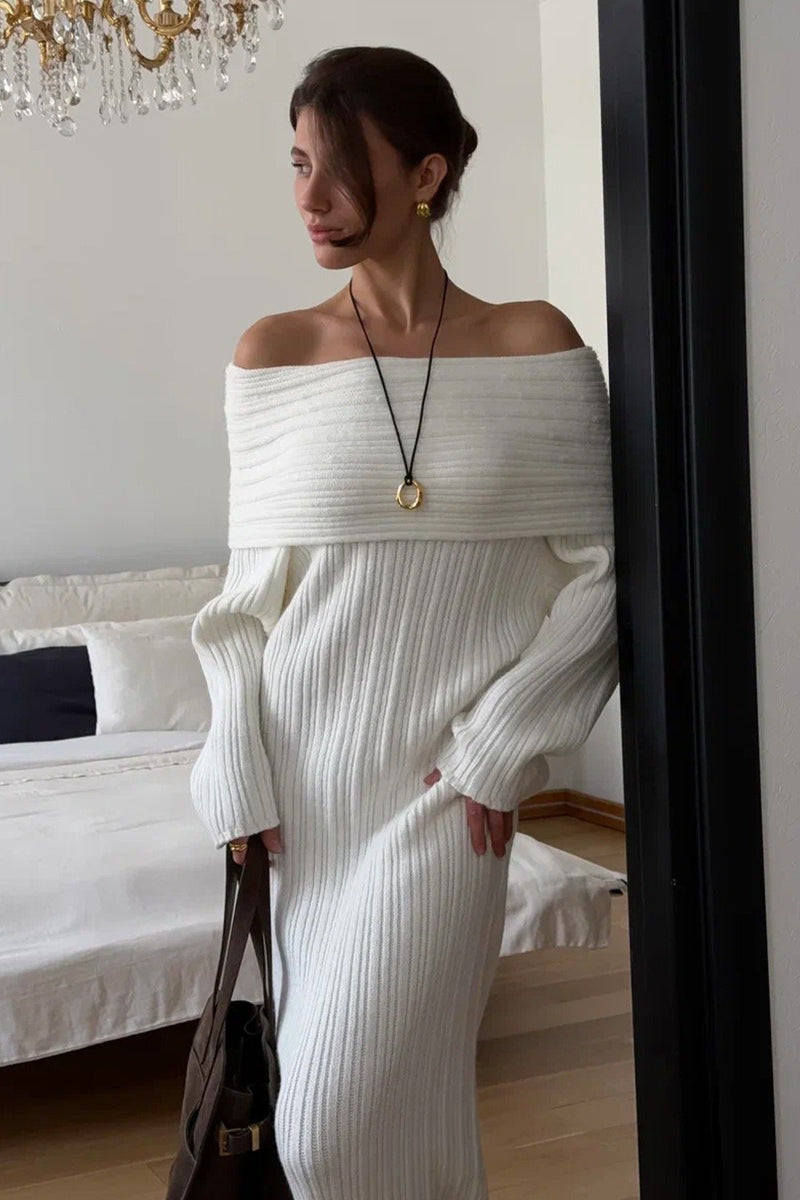 Solid Elegant Minimalist Off Shoulder Bodycon Knit Maxi Dress