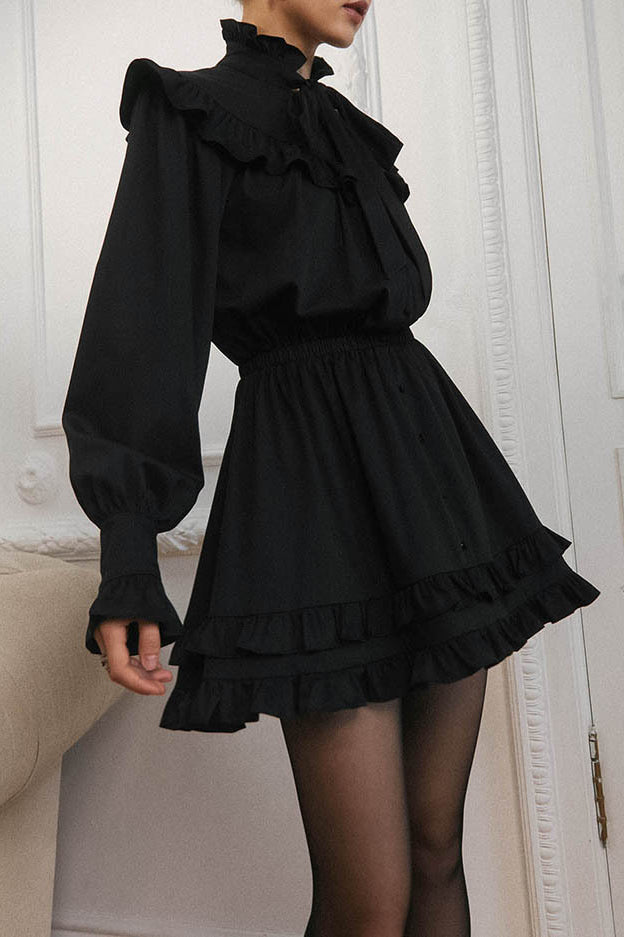 Elegant Bow Tie Lace Up Long Sleeve A Line Mini Dress