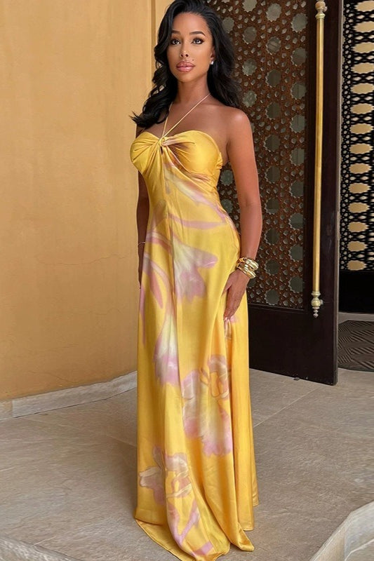 Print Backless Strapless Beach Maxi Dress