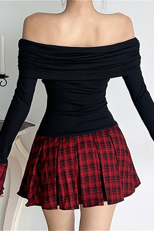 Off-the-shoulder Color Block Plaid Cuffed Pom-pom Mini Dress