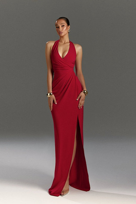 Halter Neck VSlit Evening Wrap Dress