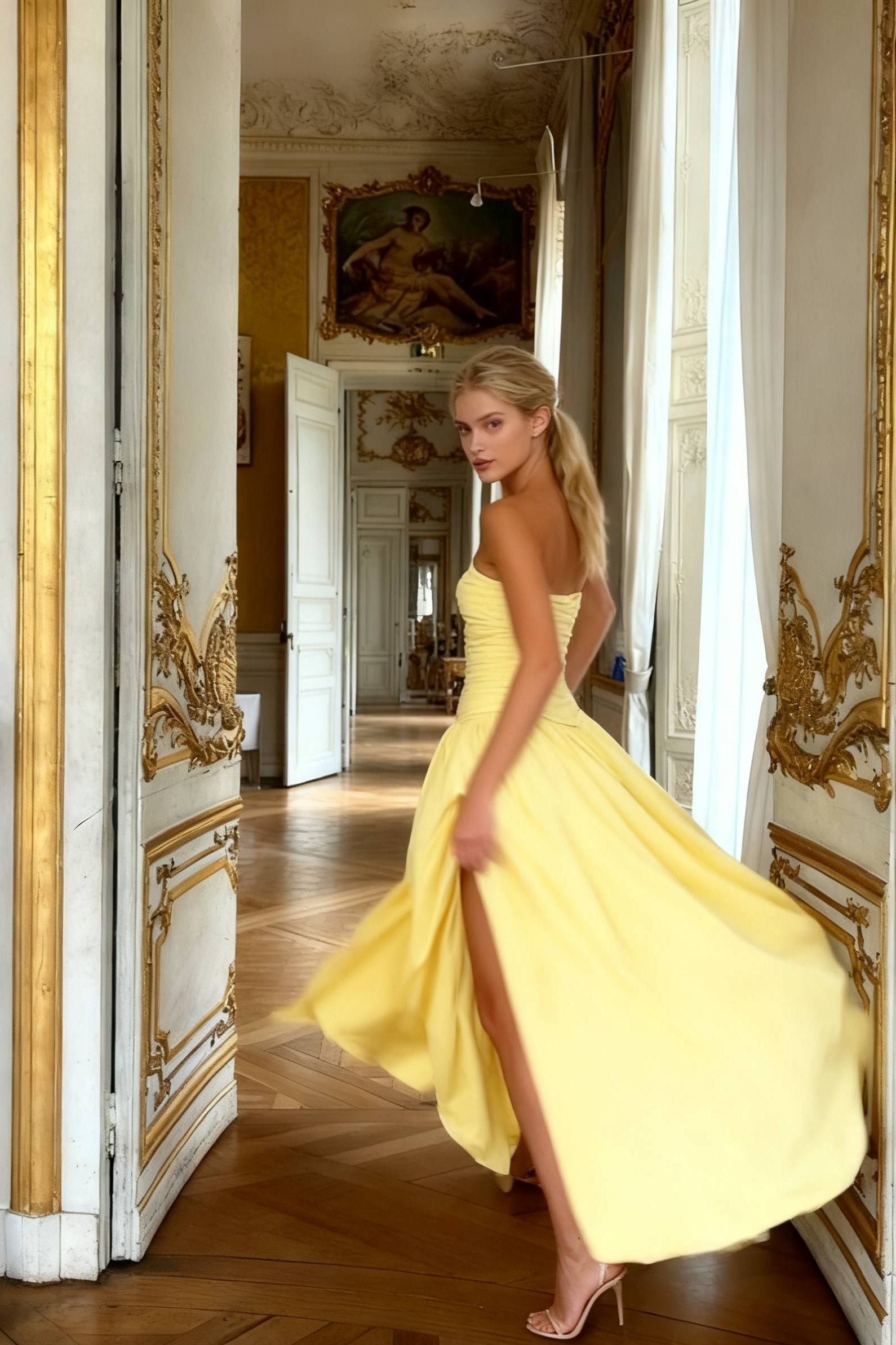 Strapless High Split LaceUp Back Maxi Dress