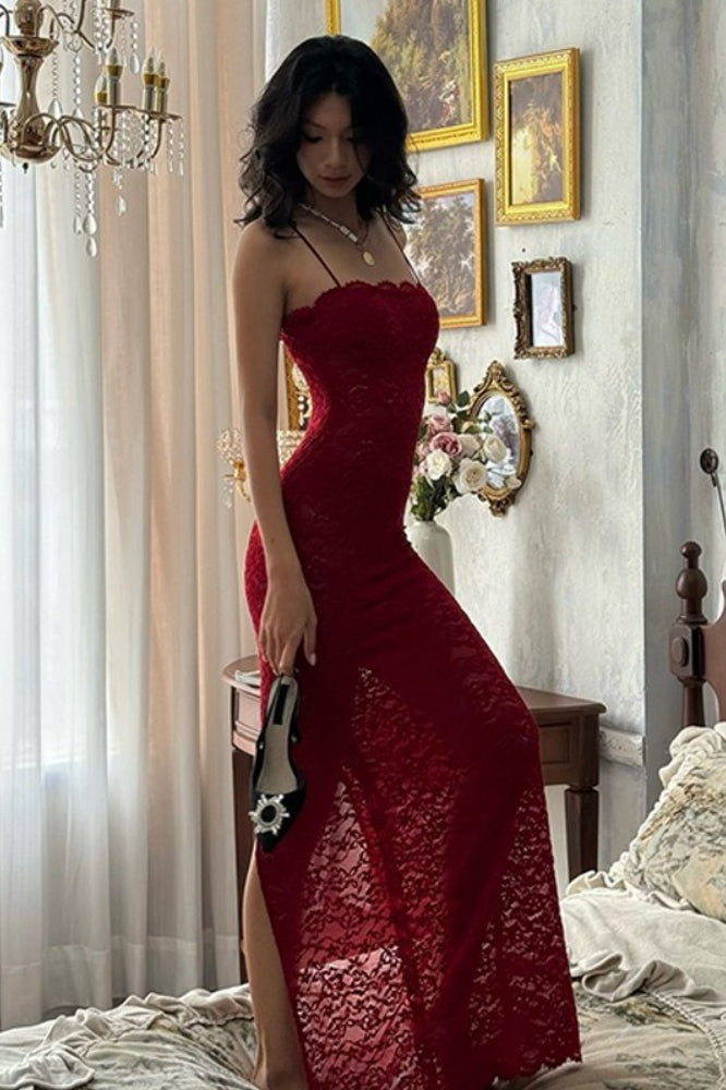 Elegant Red Lace Bodycon Slip Dress