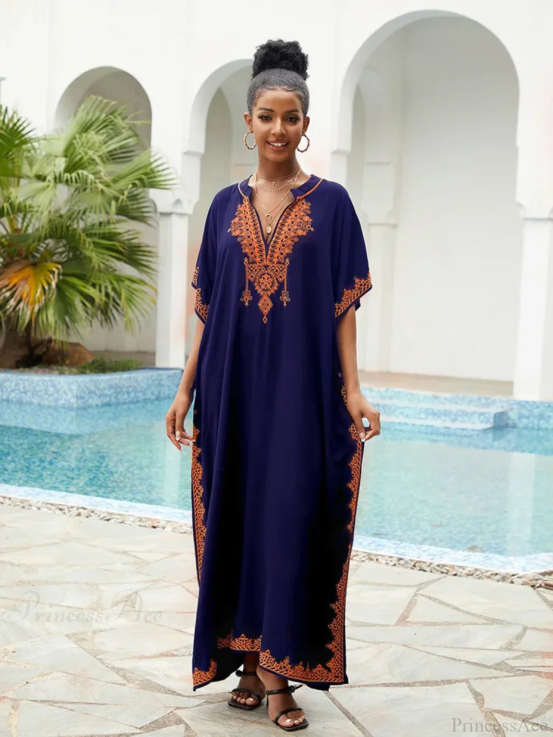 Embroidery Printed Long Dress Cover Up DEEP BLUE / One Size