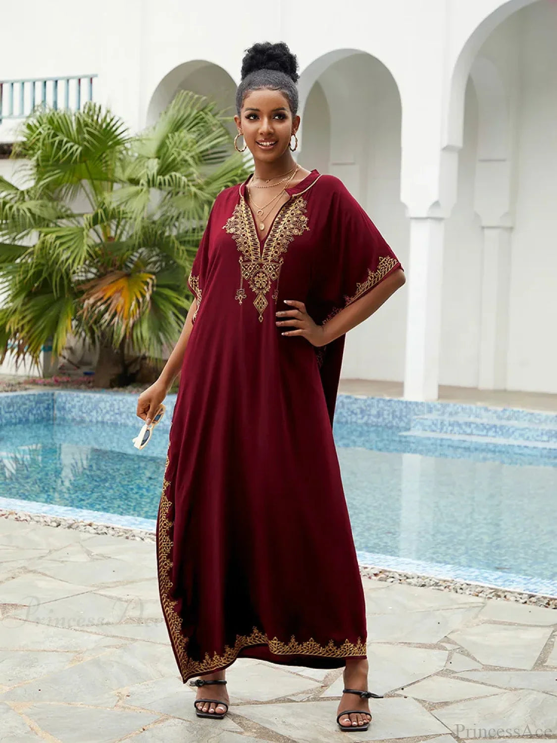 Embroidery Printed Long Dress Cover Up Maroon / One Size