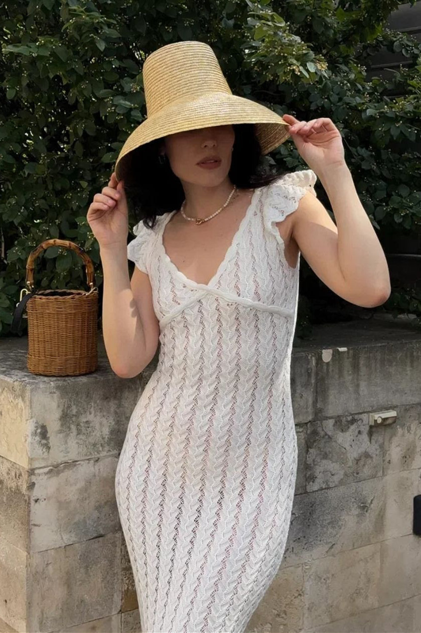 French Ruffle V Neck Knit Pastoral Maxi Dress