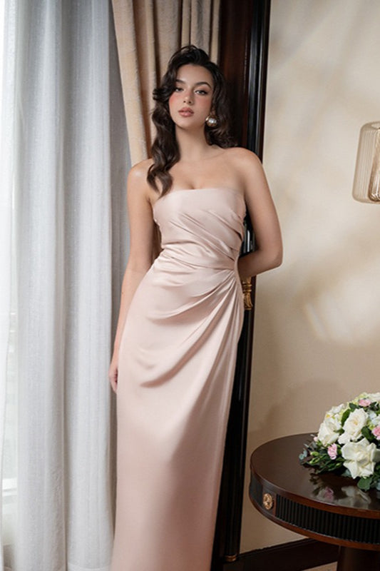 Ruched Waist Strapless Evening Wrap Dress