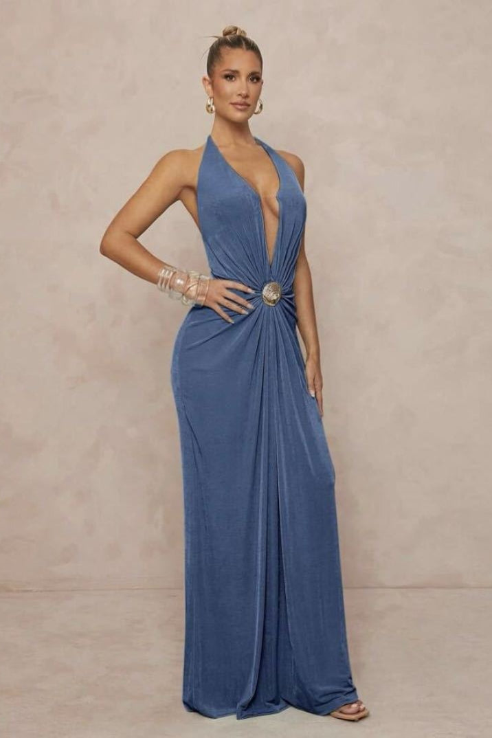 Deep V Halter Ruched Metal Trim Backless Maxi Dress