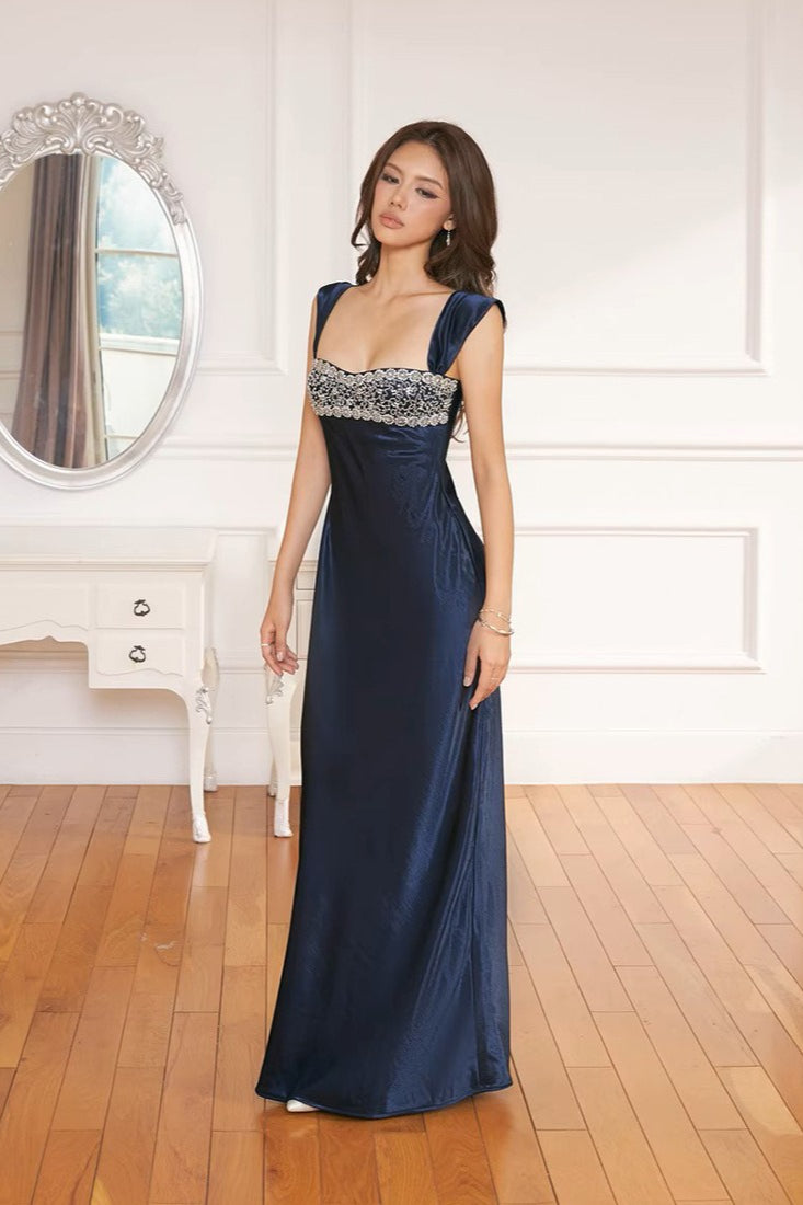 Patchwork Rhinestone Ruched Elegant Maxi Dress