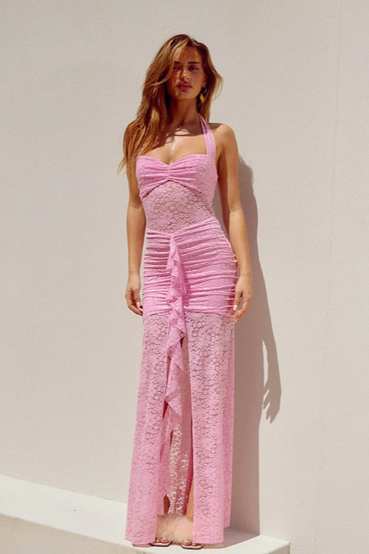 Sheer Lace Ruched Halter Wrap Dress