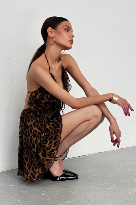 Leopard Print Deep V Halter Tie Slip Dress