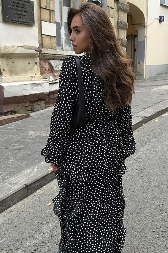 Vintage VNeck Polka Dot Puff Sleeve ALine Maxi Dress