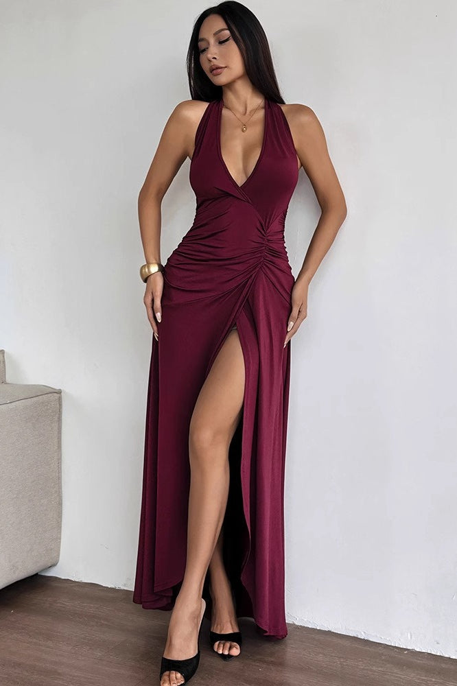 Sexy Deep V Backless Halter Ruched Formal Dress