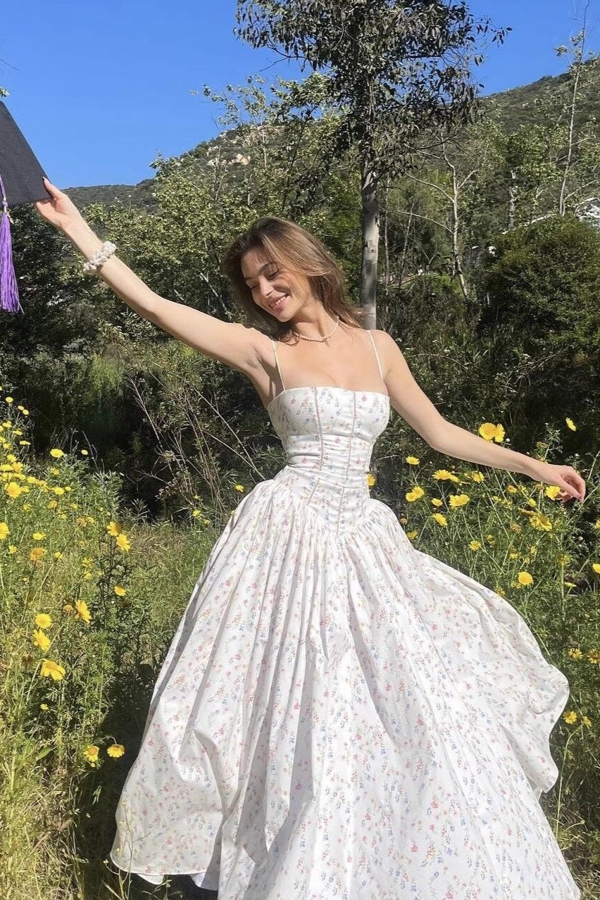 Floral Ruffle Big Hem Spaghetti Strap Waisted Maxi Dress