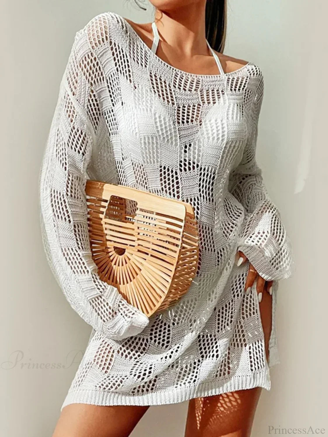 Hollow Out Slit Cut Long Sleeve Bikini Cover Up WHITE / One Size