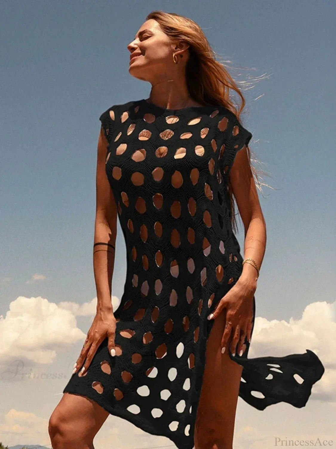 Knitted Hollow Out Bikini Cover Up Black / One Size