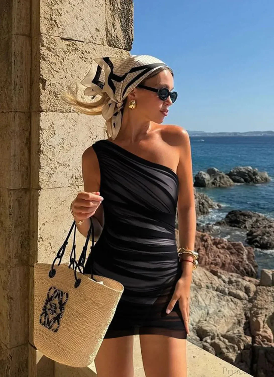 Retro Strappy Print One Piece Set gray set / S