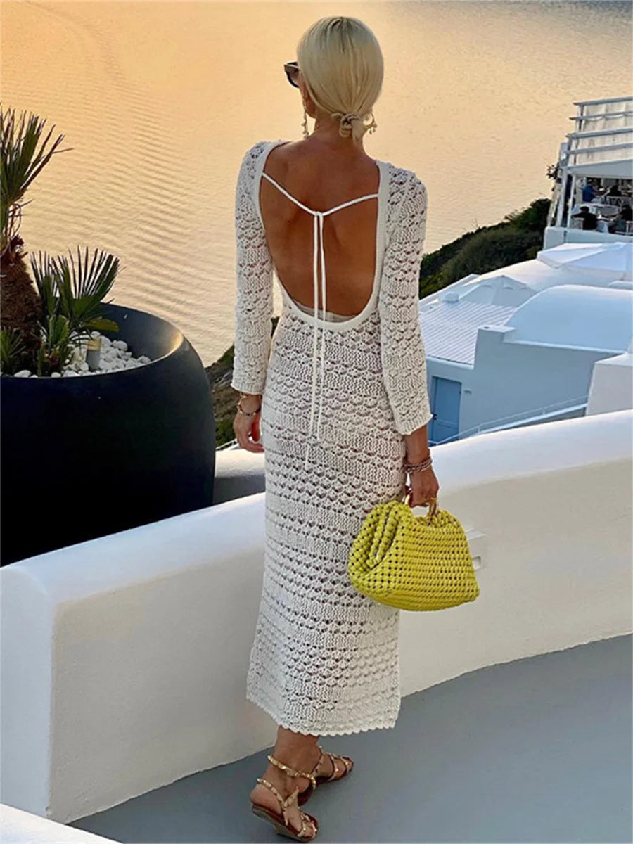 2024 Backless Tie Up Knit Crochet HollowOut Beach Maxi Dress